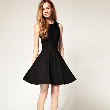 A Line Skater Above Knee Dress Solid Lace Pleated Crew Neck Sleeveless