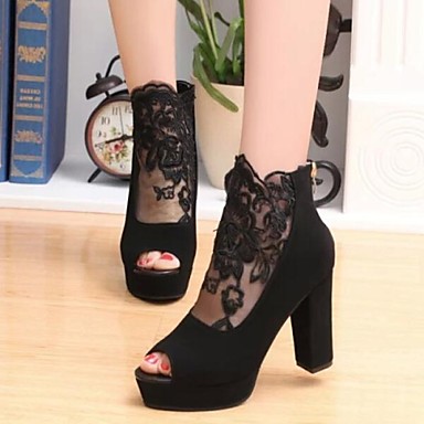 Women's Shoes Lace/Velvet Chunky Heel Peep Toe Pumps Dress Black ...