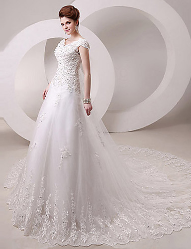 A-line Wedding Dress Cathedral Train / Floor-length Queen Anne with ...
