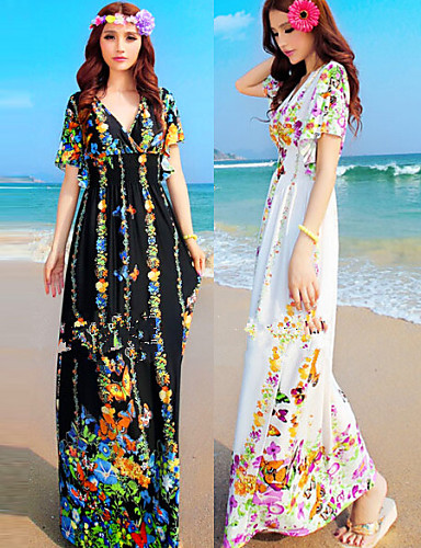 Tracy Women's Beach/Print V-Neck Short Sleeve Dresses (Polyester ...