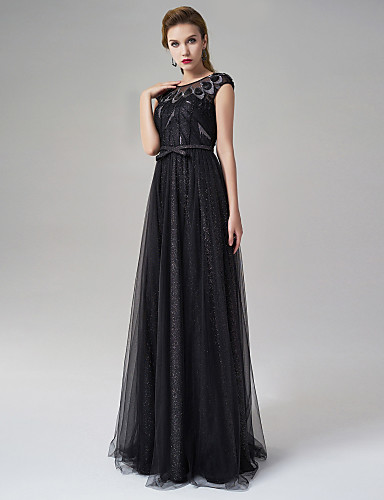 Formal Evening Dress - Black A-line Jewel Floor-length Satin 4278623 ...