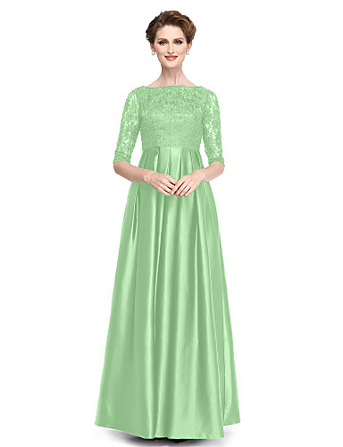 A-Line Bateau Neck Floor Length Lace Stretch Satin Mother of the Bride ...