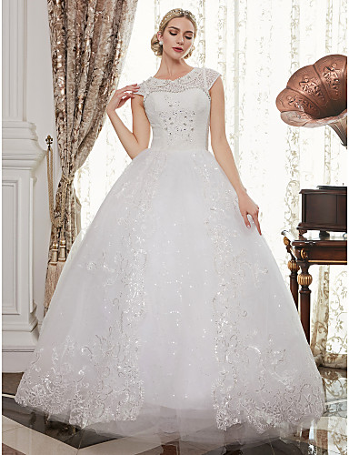 Ball Gown Illusion Neck Floor Length Lace Over Tulle Made-To-Measure ...