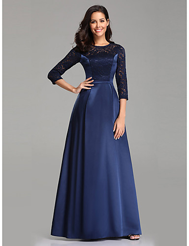 A-Line Jewel Neck Floor Length Lace / Satin Formal Evening Dress with ...